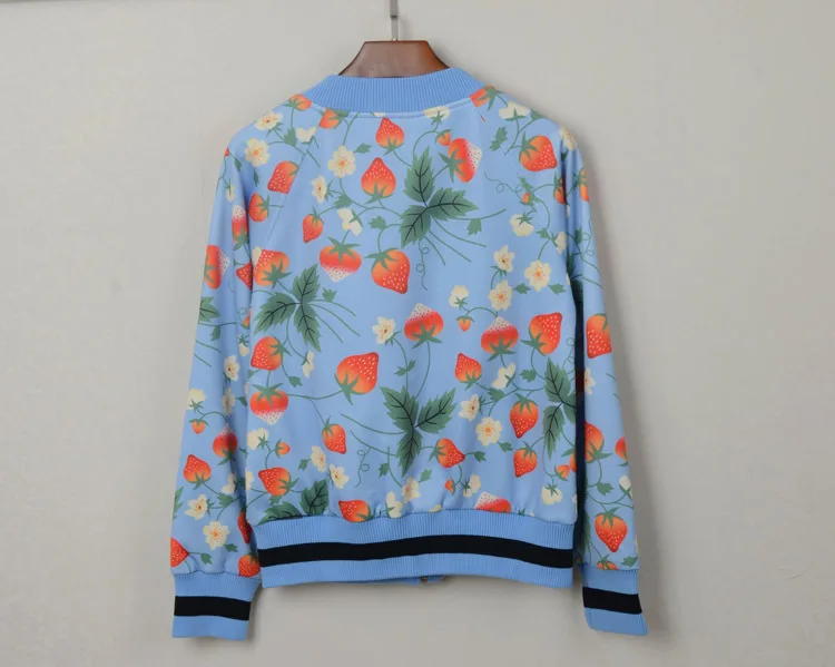 Strawberry Printed Jacket Women Outerwear Spring Baseball Outerwear 2019 Clothes Print O-Neck Pockets Jackets Coat Women