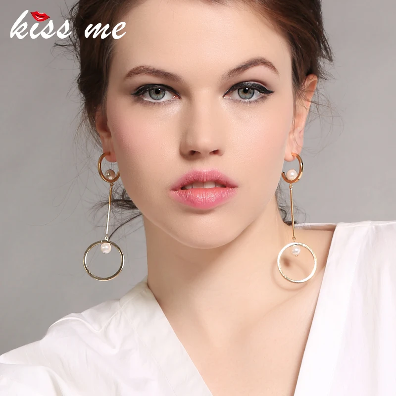 

KISS ME Chic Imitation Pearl Gold Color Alloy Big Round Dangle Earrings OL Style Women Statement Earrings Brand Jewelry