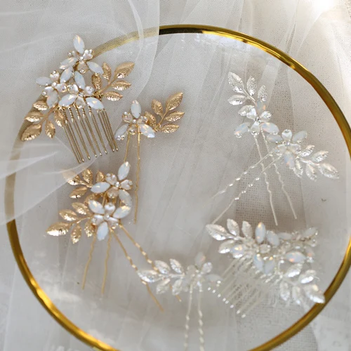 Jonnafe Gold Silver Color Leaf Wedding Hair Comb Pins Set Opal Crystal Bridal Hair Jewelry Accessor