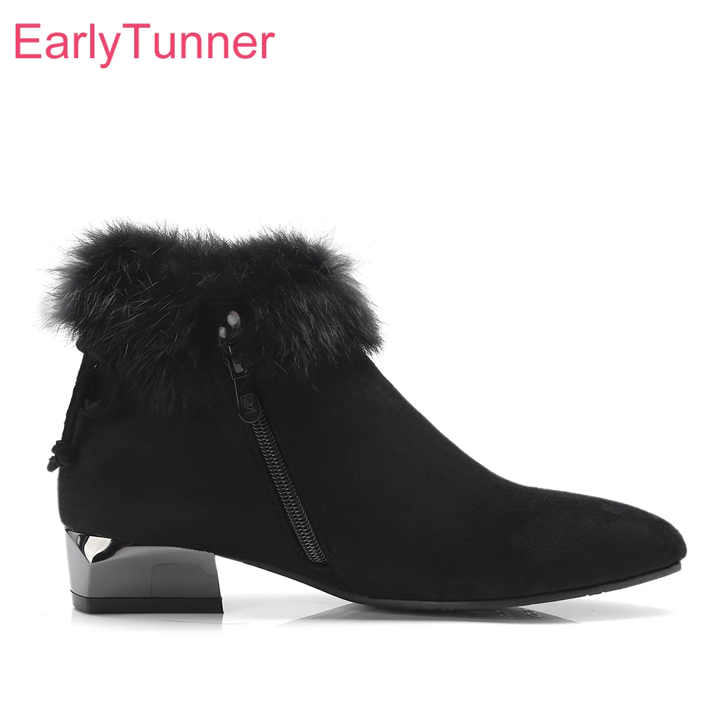 

2018 Brand New Comfortable Khaki Black Women Furry Boots Fashion Square Med Heels Lady Casual Shoes ES72 Plus Big Size 12 43 48