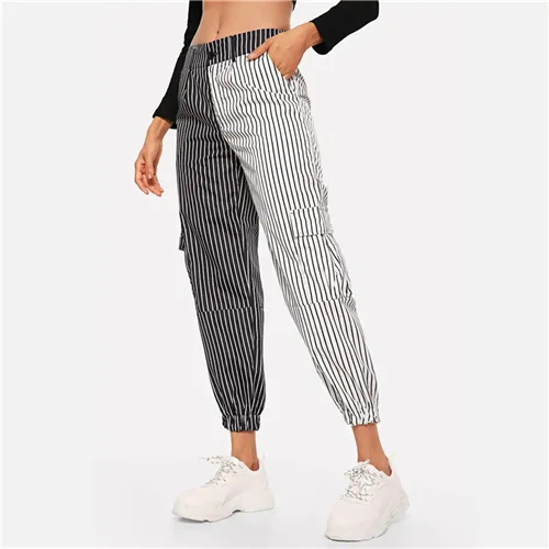 SweatyRocks контрастная панель полосатые брюки карманные боковые уличные женские брюки модные весенние повседневные Черные и белые брюки - Цвет: Многоцветный