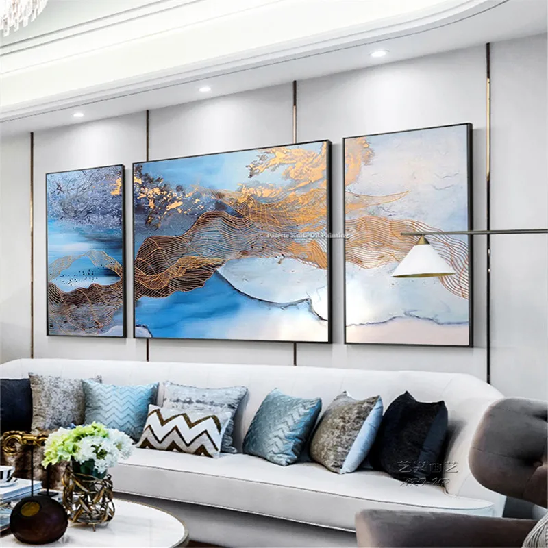 3 pieces abstract painting on Canvas blue acrylic painting Wall art Pictures for living room quadros caudros decor decoracion
