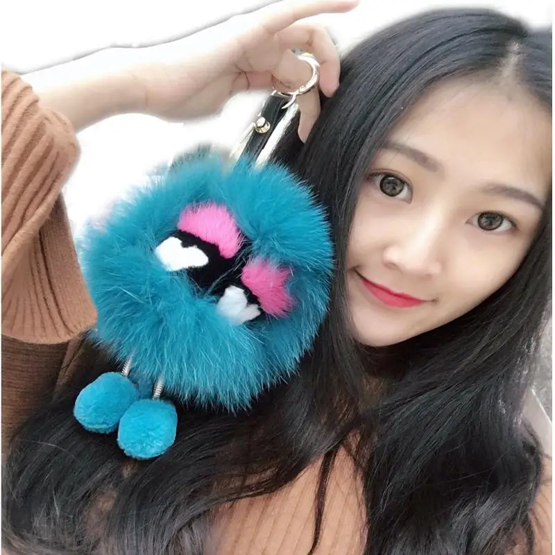 

Genuine Monsters Bag Charm Key Chains Eyes Handbag Pendant Real Fox Fur Pompom Ball Keychain Bugs Car Vogue Metal Foot Keyring