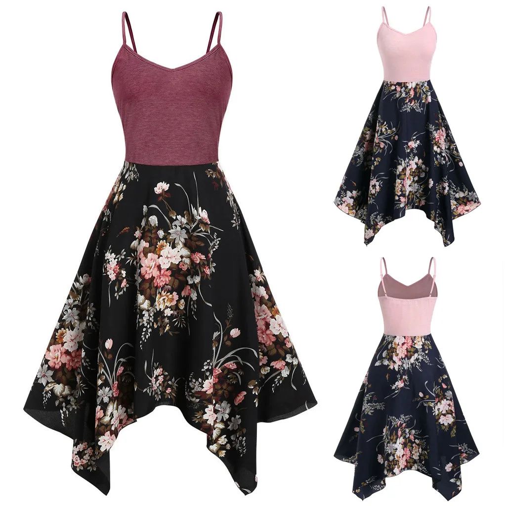  Plus Size Fashion Womens Floral Print Asymmetric Camis Handkerchief Dress W610