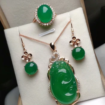 

Koraba 14 Rose Gold Plated Green Jade Gemstone Lucky Wish Pendant Necklace Ring Earrings Jewelry Sets for Women