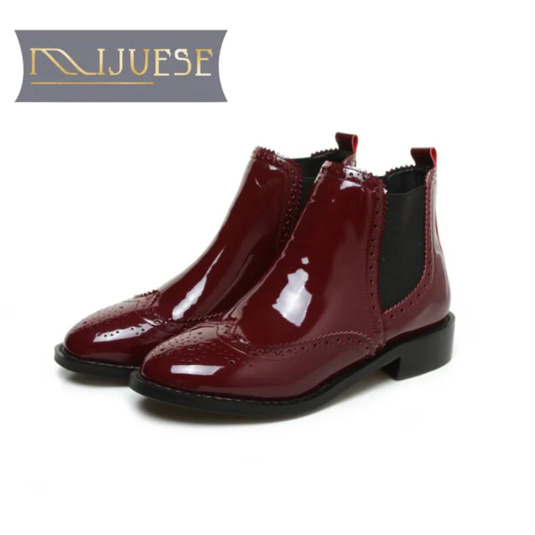 

MLJUESE 2018 women ankle boots patent leather slip on cutouts brogue style autumn spring low heel women Chelsea boots size 32-43