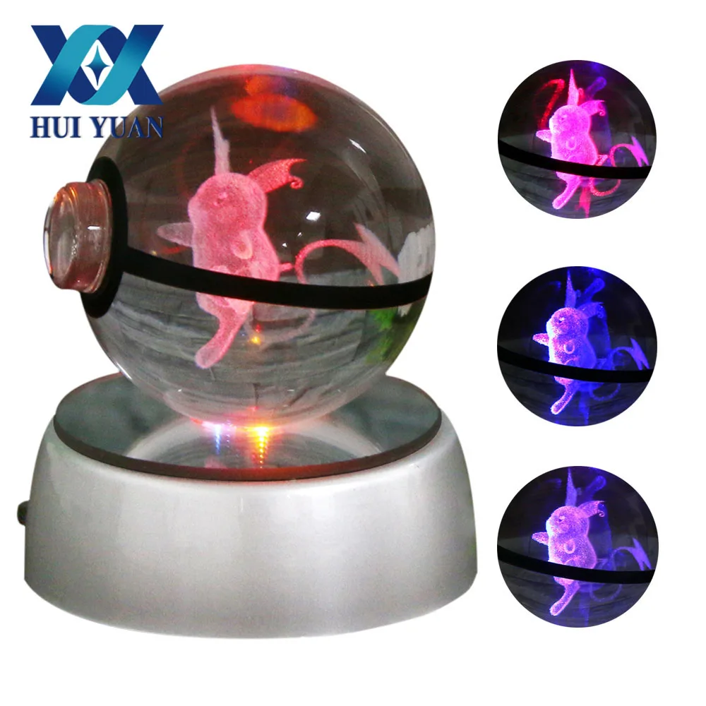 

HUI YUAN Rechu Crystal Pokeball 5CM Diameter Button Cell Powered 3D LED Night Light Lamp Decorations Colorful Base Lamp