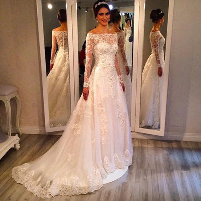 una línea vestido de boda de manga larga 2015 cuello barco vestidos