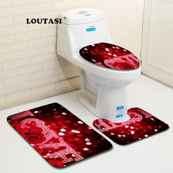 

LOUTASI 3Pcs Soft Anti-skid Bath Mat Set Red Love Pattern Toilet Mat for Three Sets of Bath Mat Bathroom Rugs Flannel Carpets