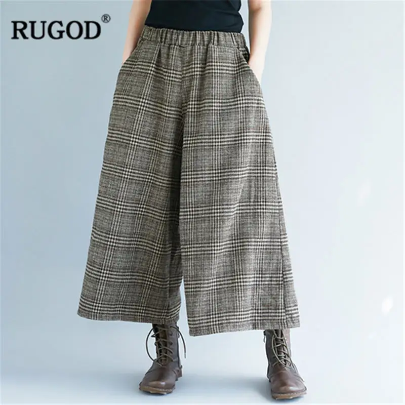 RUGOD 2019 Модные клетчатые женские брюки с высокой талией широкие повседневные