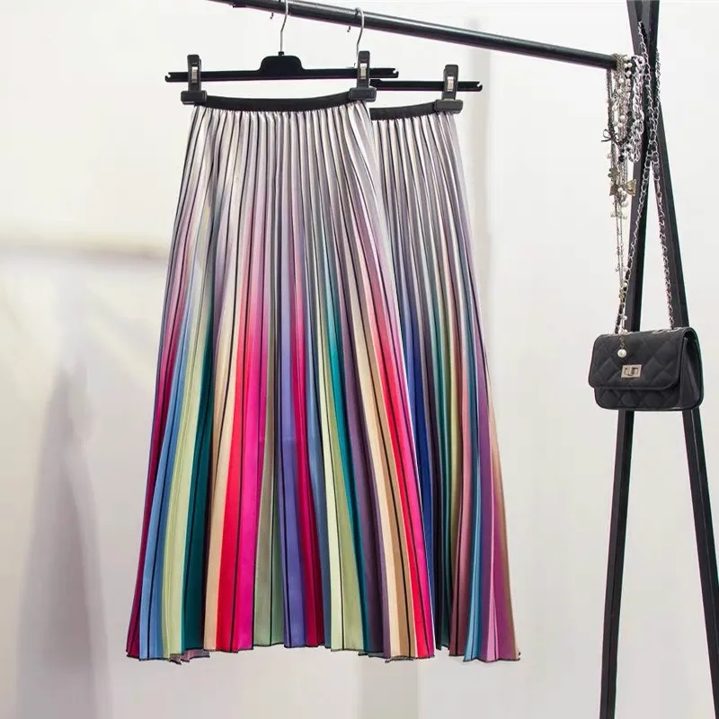 

New-Coming Women Skirts Summer Rainbow Striped A-line Mid-Calf Skirts High Street European Style High Quality Skirts