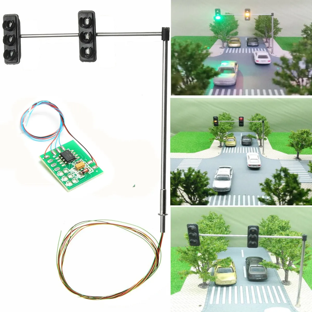

1 Set 3-color Traffic Light Signal HO OO Scale LED Model Architecture Train Railroad Crossing Walk Street + Circuit Board