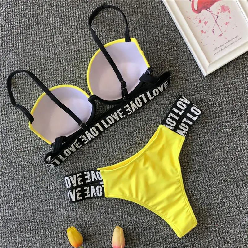 Push Up Bikinis 2019 Letters Solid Swimwear Women Bathing Suit Sexy Swimsuit Biquinis Set Female Sling Backless Beach Wear Mayo Push Up Bikinis 2019 Letters Solid Swimwear Women Bathing Suit Sexy Swimsuit Biquinis Set Female Sling Backless Beach Wear Mayo