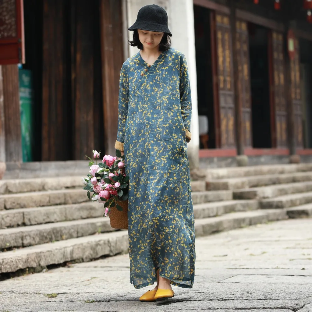 

Women Print Ramie Loose Dress Ladies Retro Autumn Vintage V neck Dresses Female Printed Dress 2018