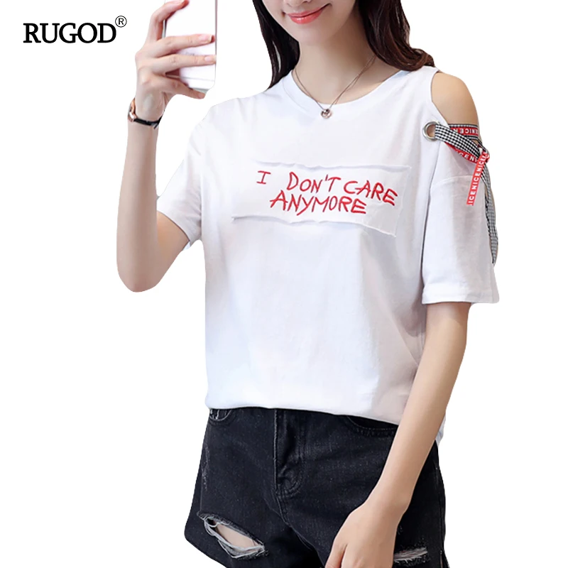 RUGOD 2017 Komik T Shirt Nakış Tasarımları Delik Tek Omuz kapalı Yan Kemerler O-Boyun Kısa Kollu Artı Boyutu Rahat Bayanlar Tops