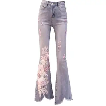 

plus size 26-32!High waist jeans women 2020 summer new fashion embroidery flower beading skinny falre pants
