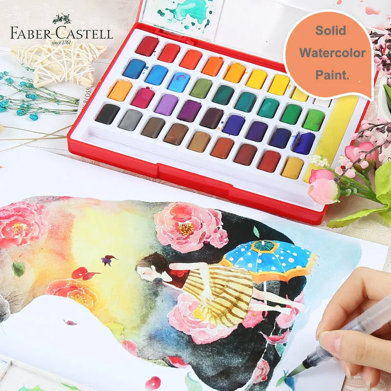 Faber Castell Твердые акварельные краски в наборе 24/36/48 Блестящий Цвета Набор для путешествий и кисточек для рисования количество губка рисунок художественной школы сделано в Китае