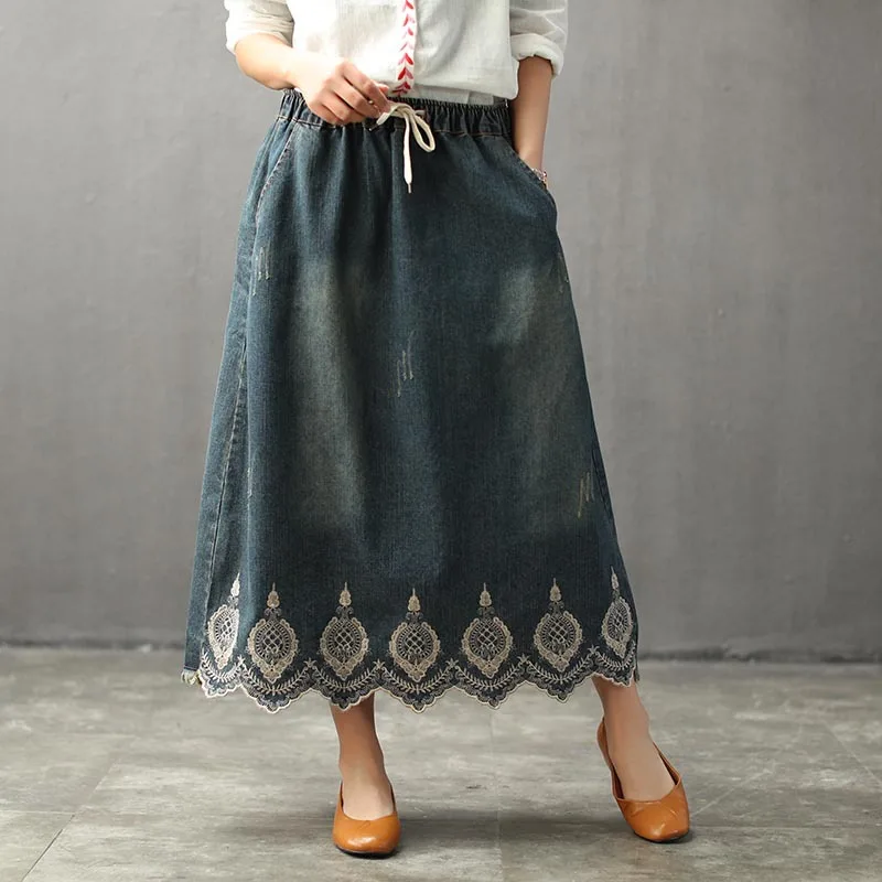 Лето 8904, Национальный стиль, Ретро стиль, потертый подол, нестандартная вышивка, цветочный рисунок, женская джинсовая юбка, большие размеры, длинные юбки для девушек