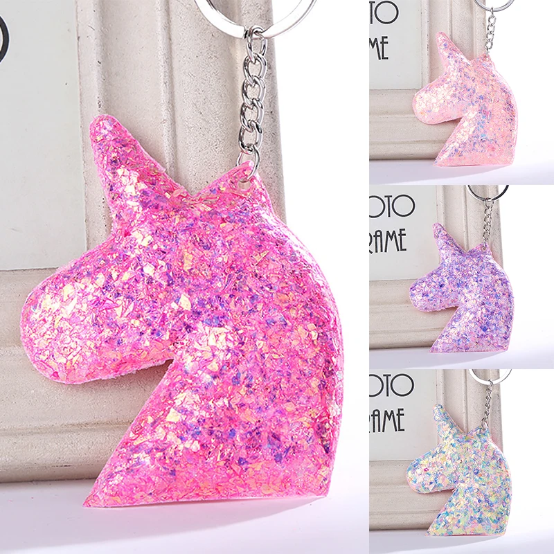 

Cute Unicorn Keychain Glitter Pompom Sequins Key Chain For Women Charms Car Bag Accessories Key Ring Gifts