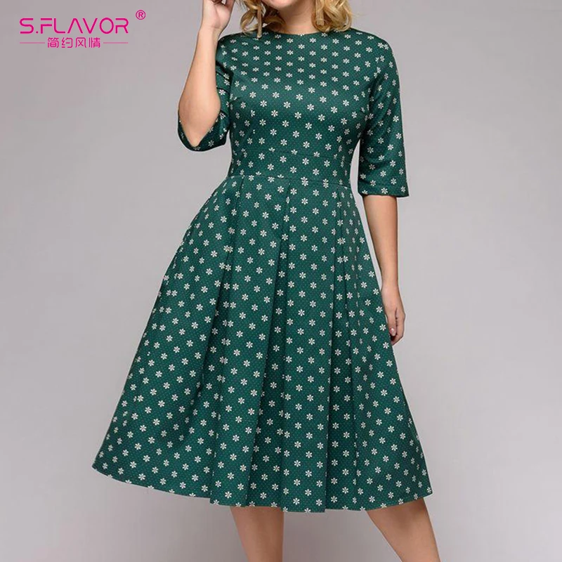 

S.FLAVOR Spring Floral Print Dresses Women Plus Size Elegant Three Quarter Sleeve A Line Chic Dress O Neck Elegant Vestidos De