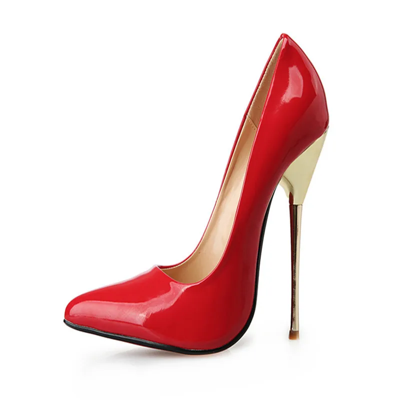 LLXF/Большие размеры: 45, 46, 47, 48, 49; zapatos mujer; женские красные модельные туфли на тонком металлическом каблуке 14 см; Pantent; кожаные туфли-лодочки с острым носком для костюмированной вечеринки