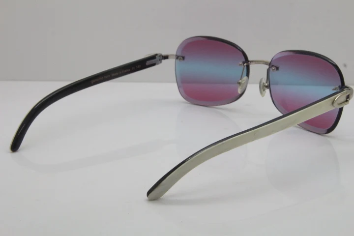 2018 New Cartier Rimless  T8200847 White Mix Black Buffalo Horn Sunglasses in Silver Purple Lens (8)