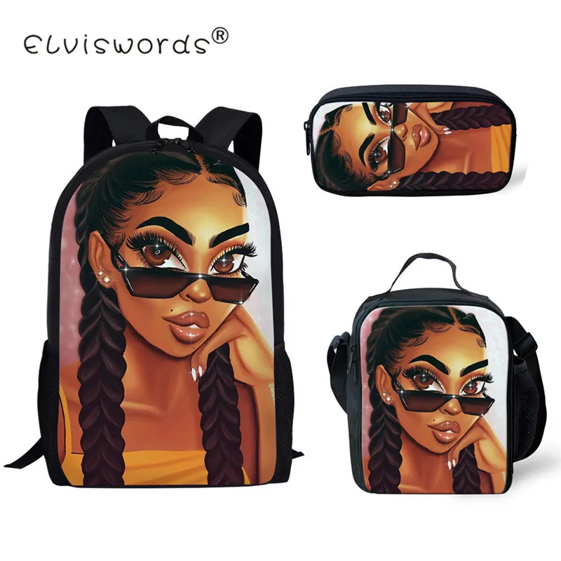 

ELVISWORDS New School Bags for Kids Black Art African Girl Printing Shoulder Bagpack Children 3pcs/set School Book Bags Satchel