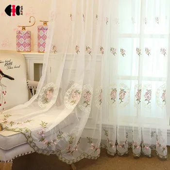 

Floral Embroidered Voile Curtain for Bedroom Simple Modern Rural Delicate Sheer Pink Blue Window Treatment Gauze JS36C