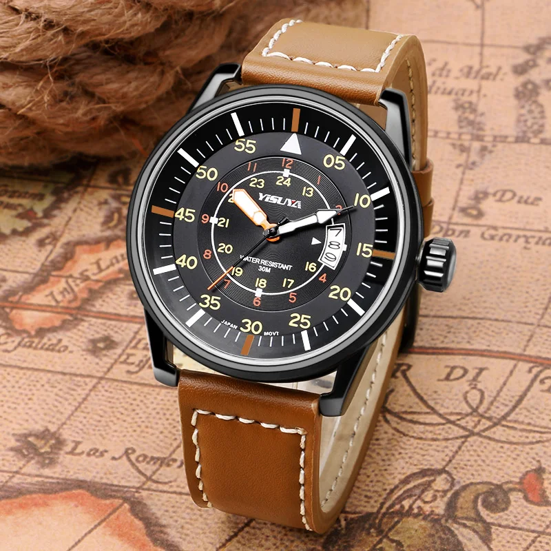 

2017 New Luxury Brand YISUYA Sport Wrist Watch Japan Quartz Movement Male 3ATM Water Resistant Date Military Leather Watch Men