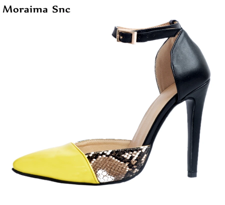

Moraima Snc Newest chic ladies pumps yellow pointed toe Snake line printed Decoration 2018 stiletto heels Ankle Strap buckle