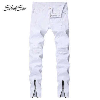 

Silentsea New Men Jeans White Classic Fashion Hole Style Denim Skinny Jeans Men's Casual High Quality Slim Fit Trousers Men