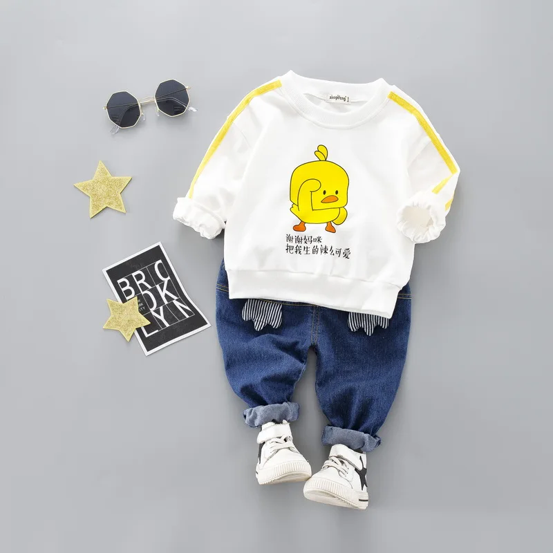 Одежда для мальчиков и девочек Милая футболка с утиным пухом, джинсы комплект из двух предметов детский брендовый хлопковый комплект одежды из 2 предметов г