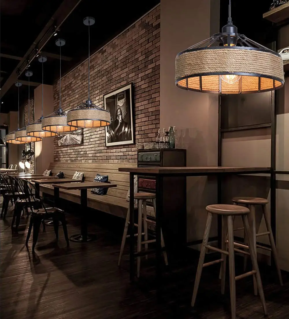 Industrial do Vintage Corda de Cânhamo Ilha da Cozinha Pingente Metal Enjaulado Iluminações Pendurado Luminária Lâmpada Antiga Luz 10 Luzes de pendentes