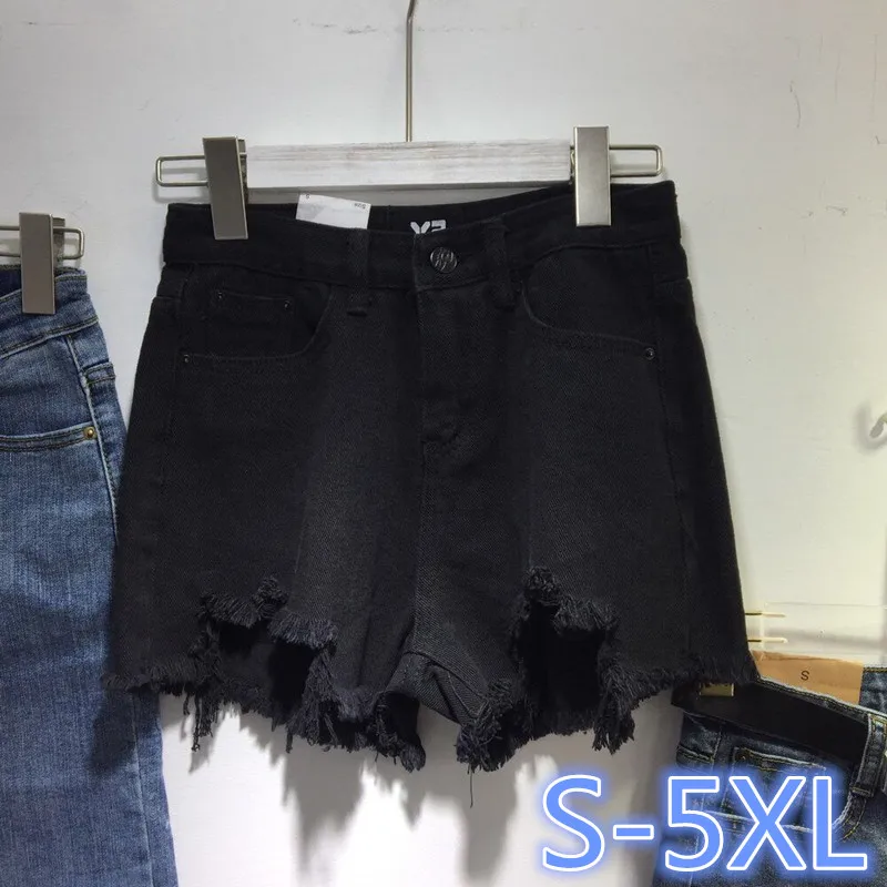 

S-XL,2xl,3xl,4xl,5XL 2019 Summer High Waist Denim Shorts Plus Size Female tassel ripped black Short Jeans for Women (E207)