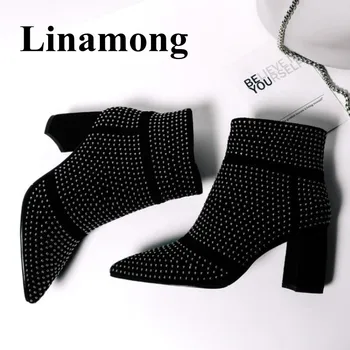 

2018 Newest Rivet Boots Fashion Pointed Toe And Square Heel Side Zipper Black And Grey Color Winter Women Ankle Boots