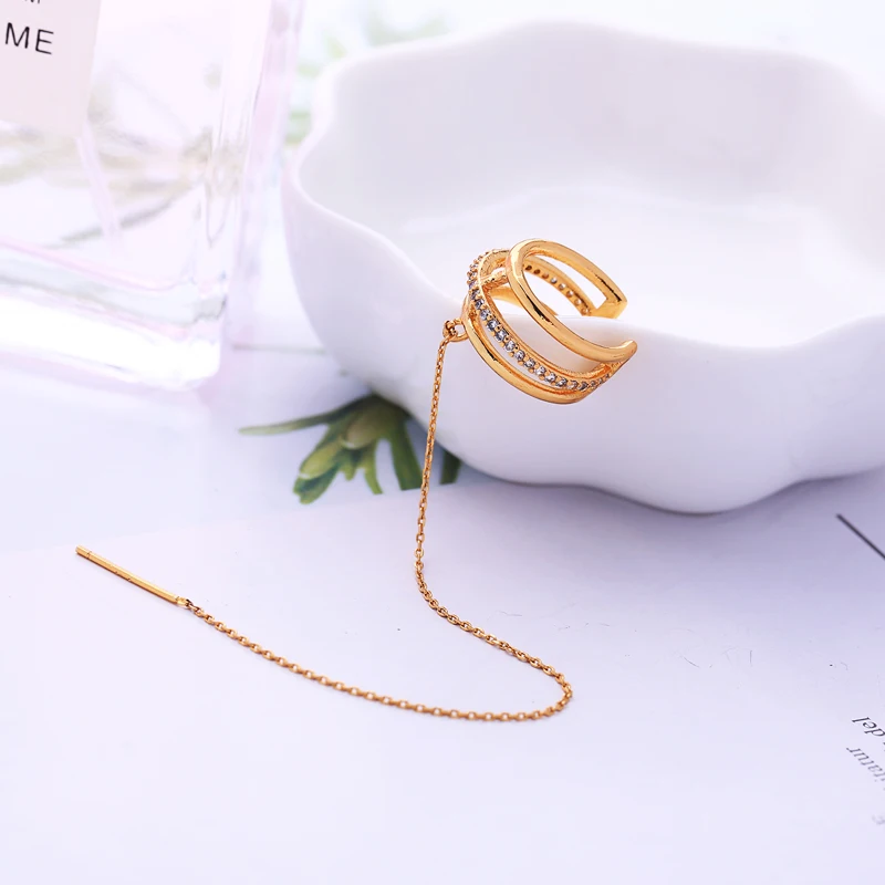 

BALANBIU Luxury Zircon External Auricle Clip Gold Color Long Thin Chain Threader Earrings For Women Gifts 2019 Fashion Accessory