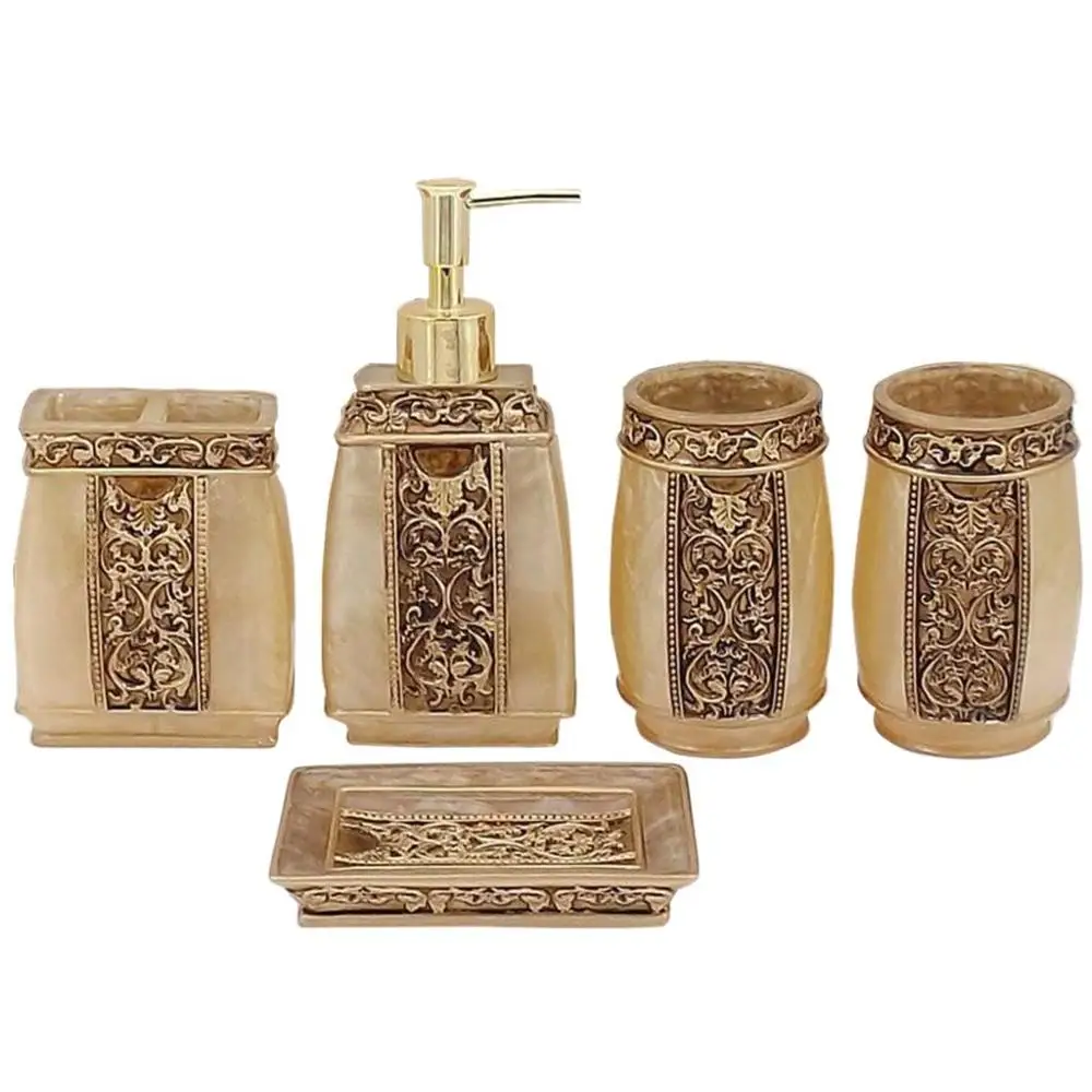 

5Pcs Bathroom Accessories European Rome Aristocracy Bath Sets Lotion Dispenser Bath Resin Cup Toothbrush Holder