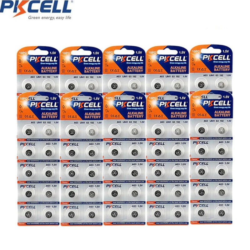

100Pcs 10Card PKCELL AG3 1.5V Alkaline Button Coin Battery LR41 192 384 392 SR41W SR41 For Calculators Cameras Watches Games