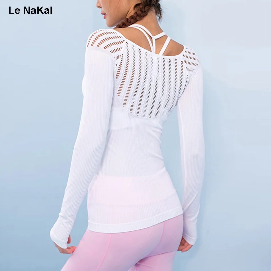 Le NaKai hollow out knitted yoga top shirts fitness long sleeve cut out