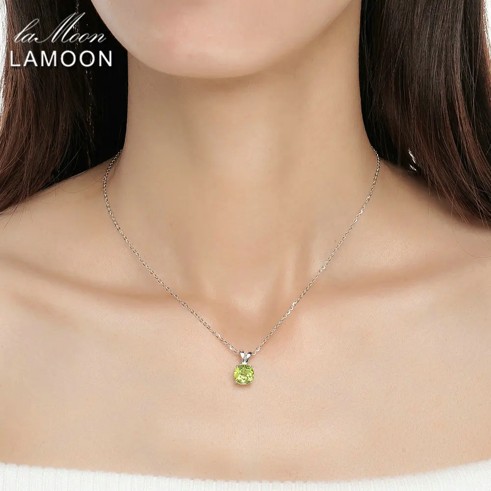 Lamoon 8mm Natural Round Cut Peridot Sterling Silver Simple Pandent Chain Necklace Women Jewelry S925 LMNI057