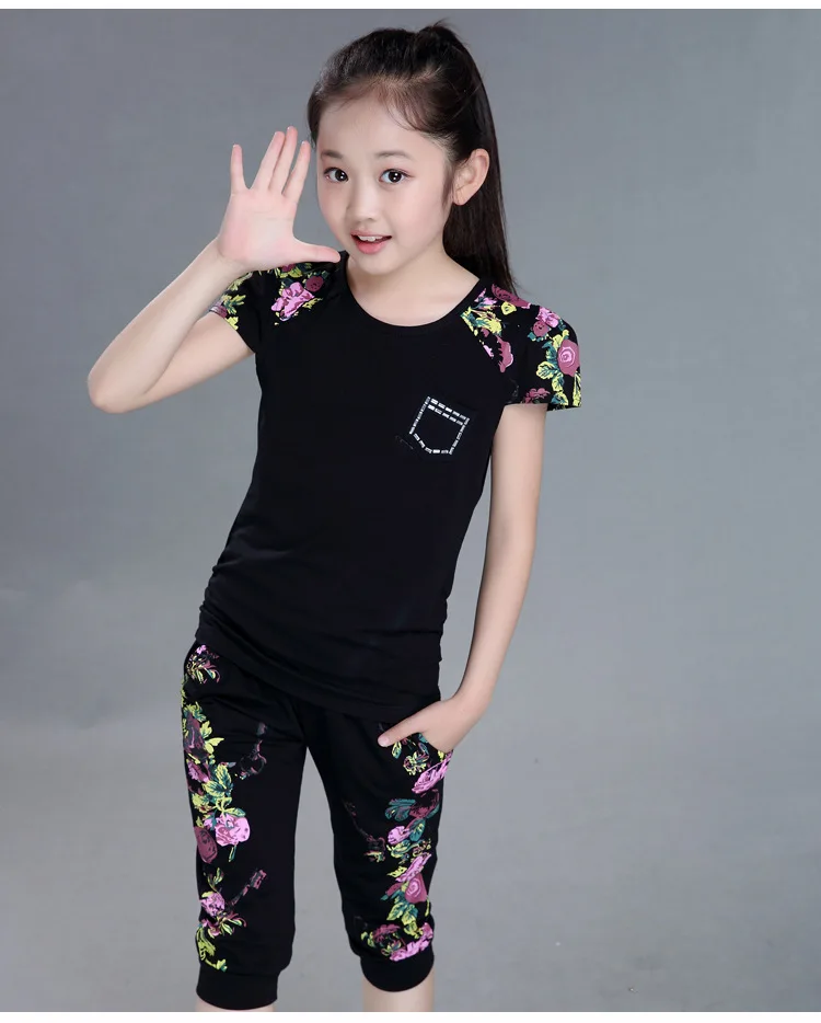 Cotton Children Clothing Sets Summer Girls Sports Suit Print Short Sleeve T-shirt+Pants 2Pcs Girls Clothes 4 6 8 10 12 14 Years (12)