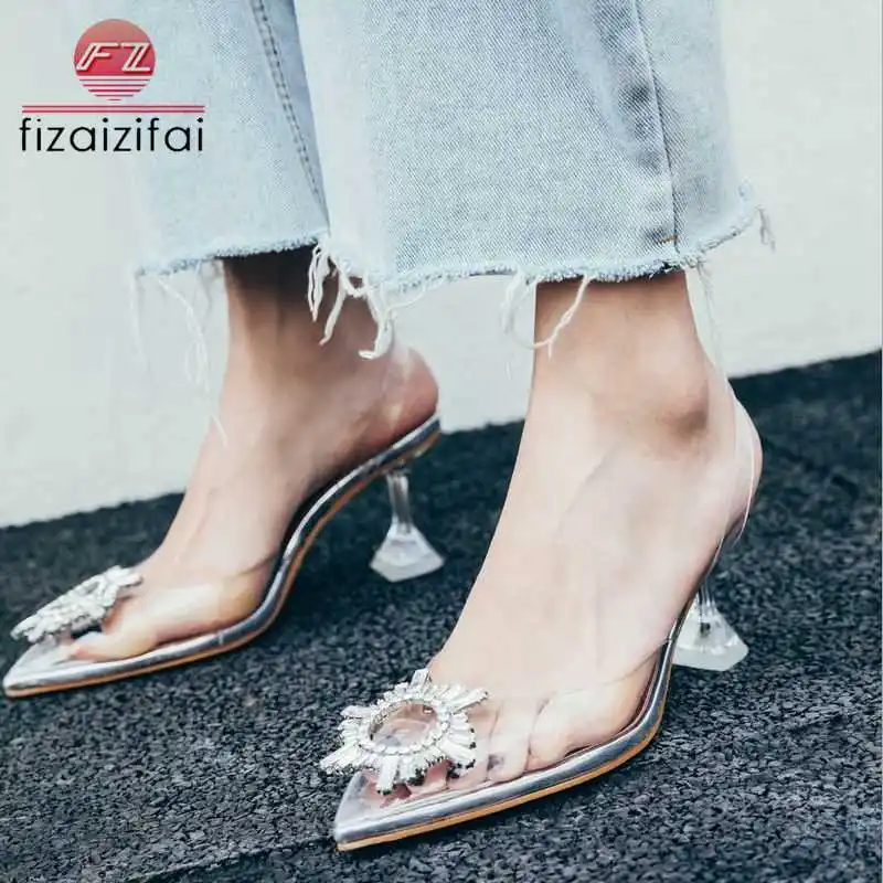 

FizaiZifai Sandals Women Fashion Shine Rhinestone High Heels Summer Shoes Women Clear Heeled PVC Designer Footwear Size 34-39
