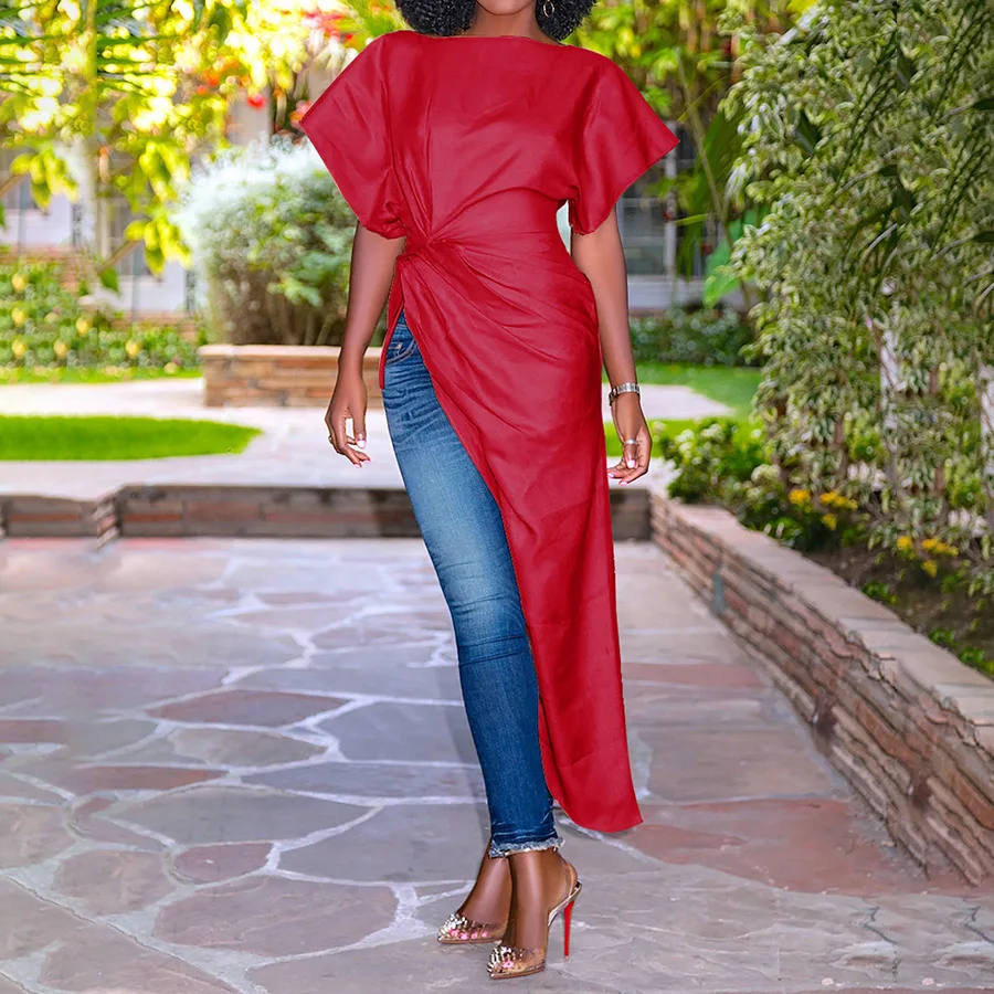 Clocolor Women Long Blouse Shirt Asymmetric Irregular Short Sleeve Summer Tops Fashion Modern Tunic Pleated Red Blouse Shirts