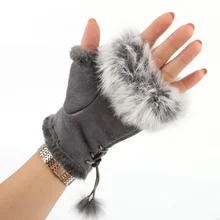 Новые перчатки из кроличьего меха, кожаные женские перчатки без пальцев, варежки из замши, женские зимние теплые наручные перчатки