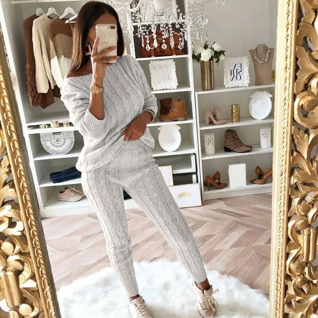 S-3XL Two piece set women's off-the-shoulder solid color suit sweater 2PC cable knit warm casual wear suit