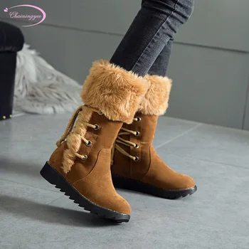 

Korean casual style winter warm plush mid-calf boots fashion lace-up platform wedge low heel snow boots women's shoes