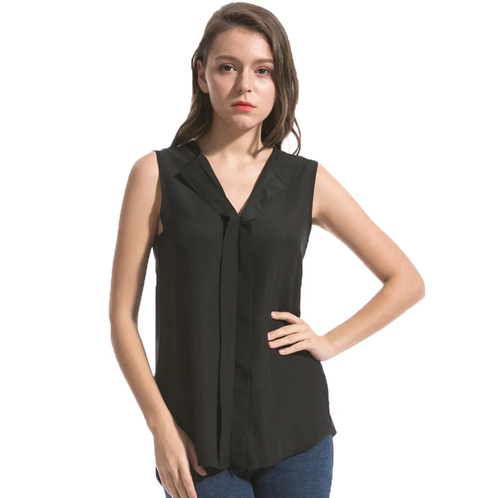 

Summer Loose sleeveless Deep V Neck Chiffon Blouse of Large Size Women's Shirts Asymmetric Blouse Woman Plus Size Clothing