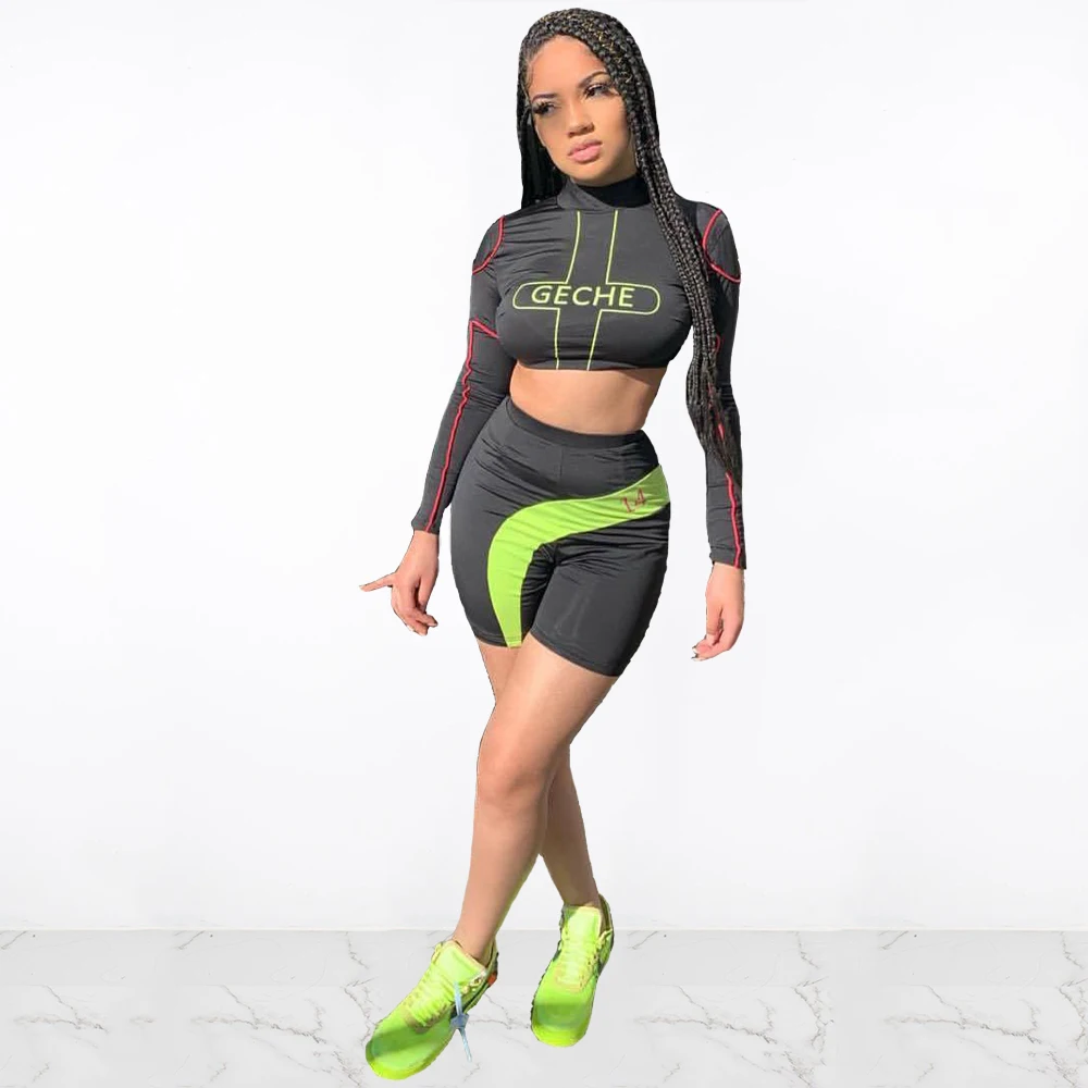 

Summer Sporting Two Piece Set Women Striped Spliced O-neck Crop Top+ Elastic Waist Shorts Long Sleeve Biker Tracksuit