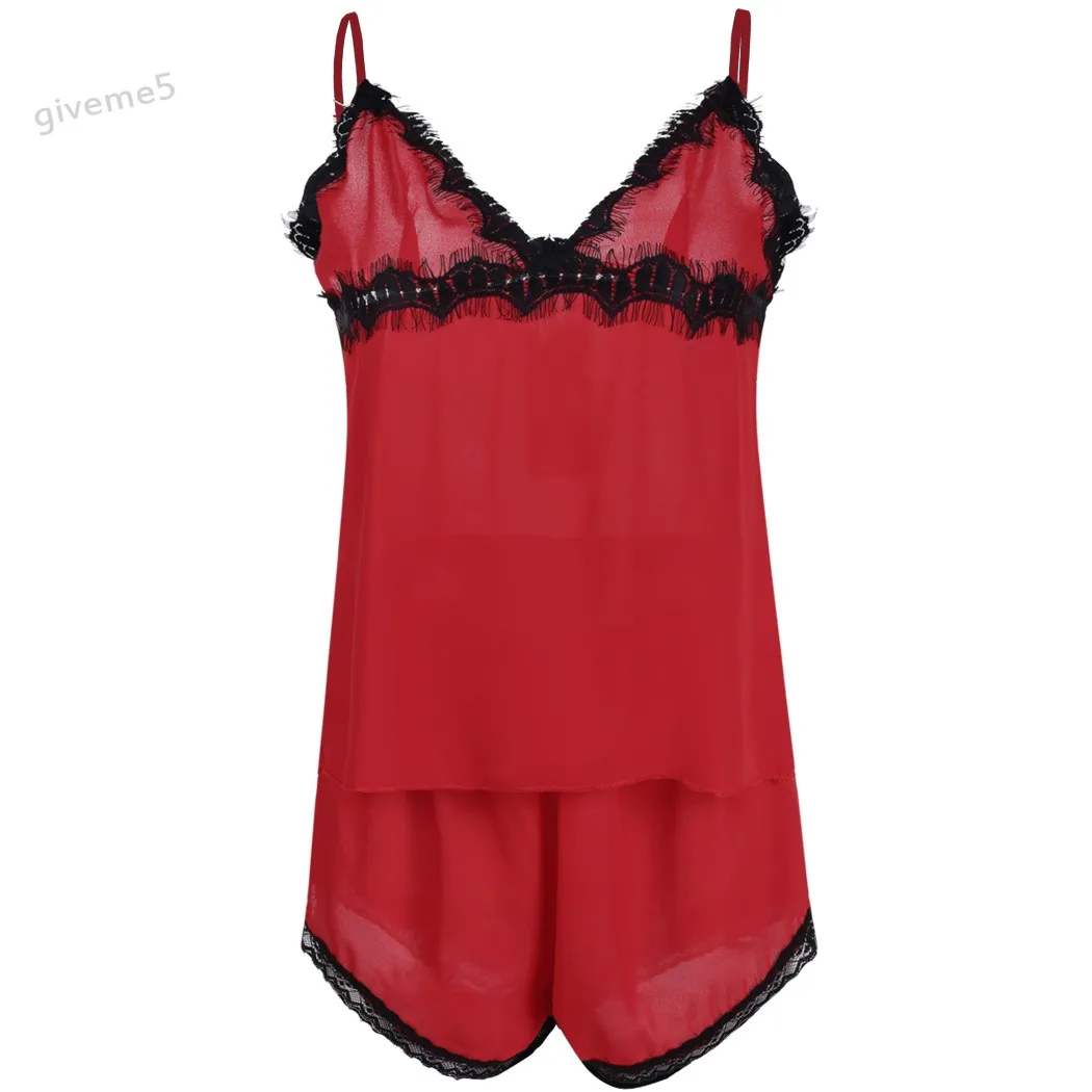 Sexy Women Nightwear Chiffon Sleepwear Lace Splicing Straps V Neck