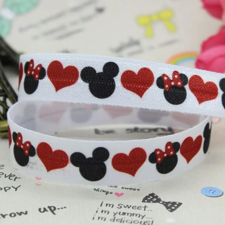 

DHK 5/8 inch 5yards Fold Over Elastic FOE MICKEY MINNIE printed ribbon headband diy decoration OEM Wholesale C452